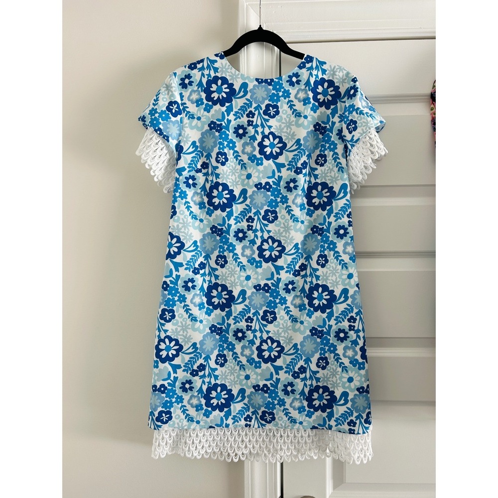 Sail to Sable Hydrangea Print Blue Floral Crochet Lace Trim Shift Dress Size 6